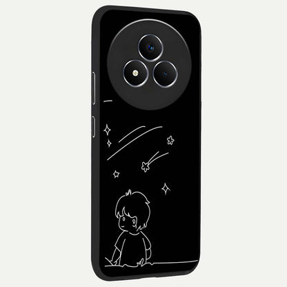 Line Art Boy With Shooting Stars Glass Case upright view showcasing artistic shooting star illustration with minimal style.