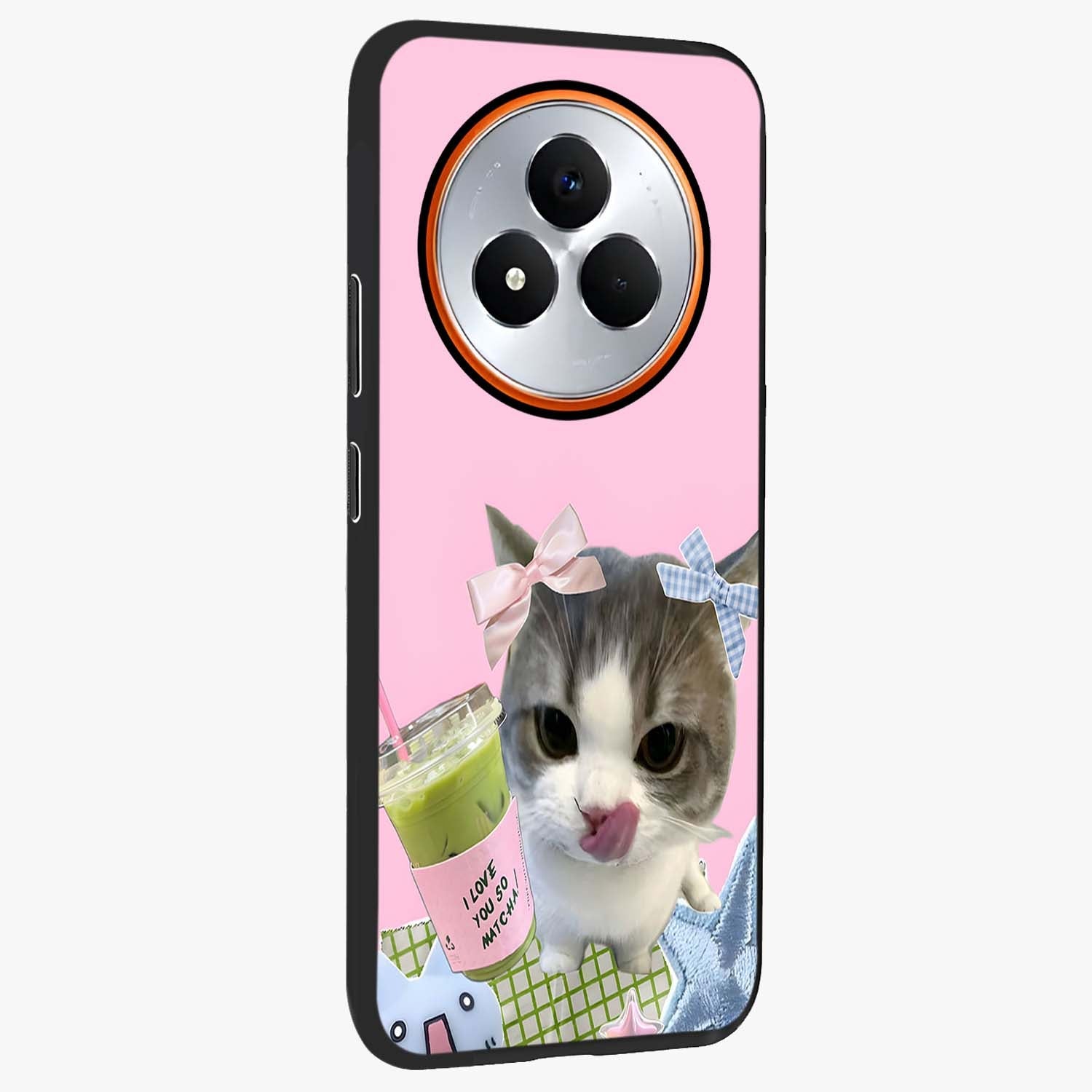 Love Matcha Cat Glass Case upright view showcasing adorable cat artwork with charming matcha themed design.