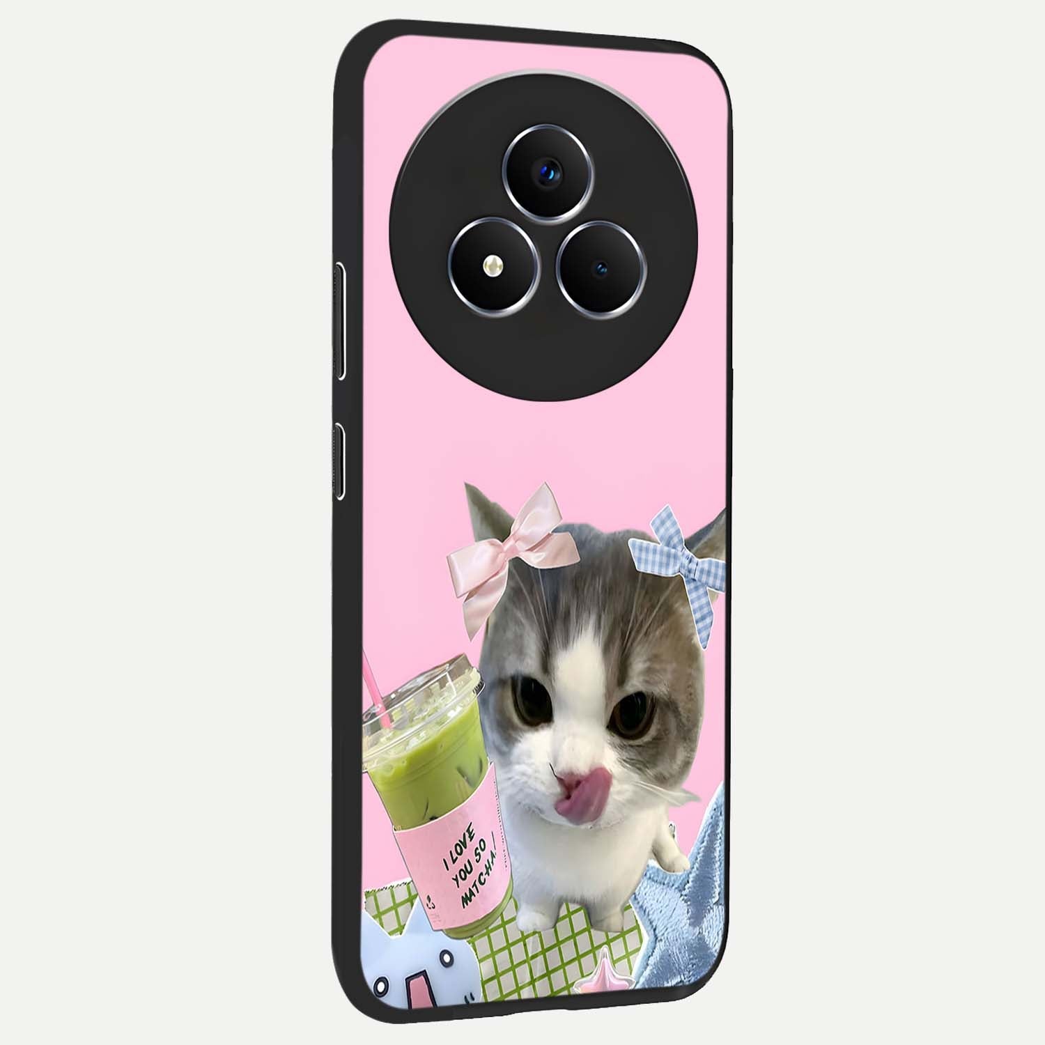 Love Matcha Cat Glass Case upright view showcasing adorable cat artwork with charming matcha themed design.