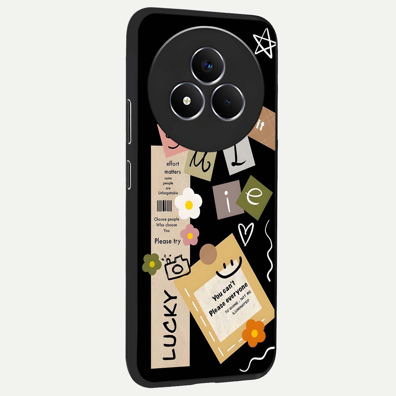 Lucky Aesthetic Collage Glass Case upright view showcasing vibrant collage artwork with youthful aesthetic theme.