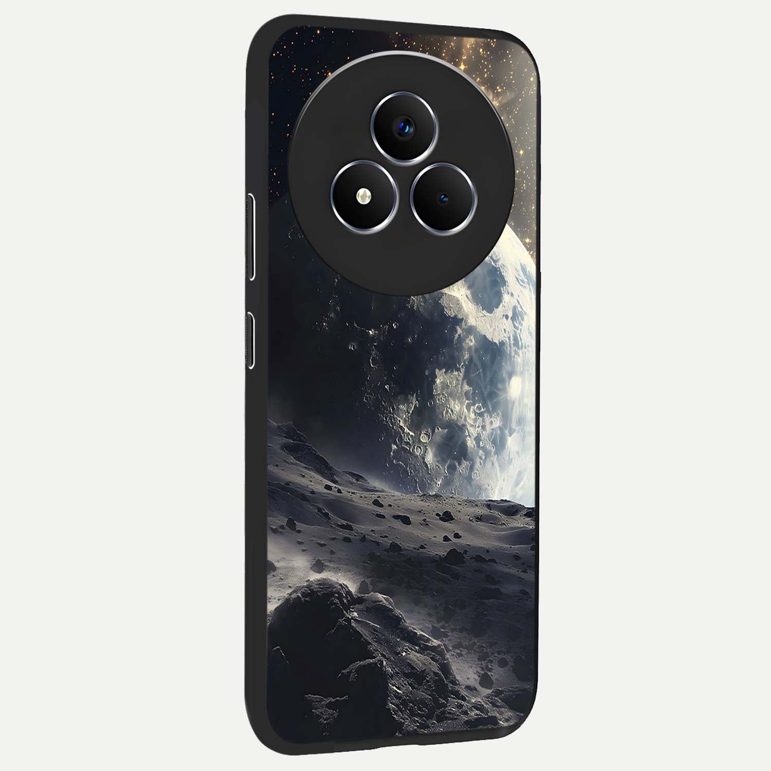 Lunar Horizon Glow Glass Case upright view showcasing radiant lunar artwork with calm cosmic theme.