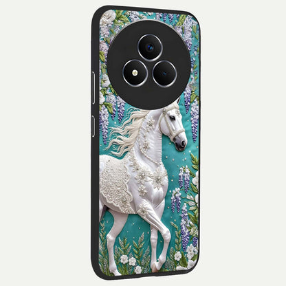 Majestic Floral Stallion Glass Case upright view showcasing dramatic horse artwork with decorative floral theme.