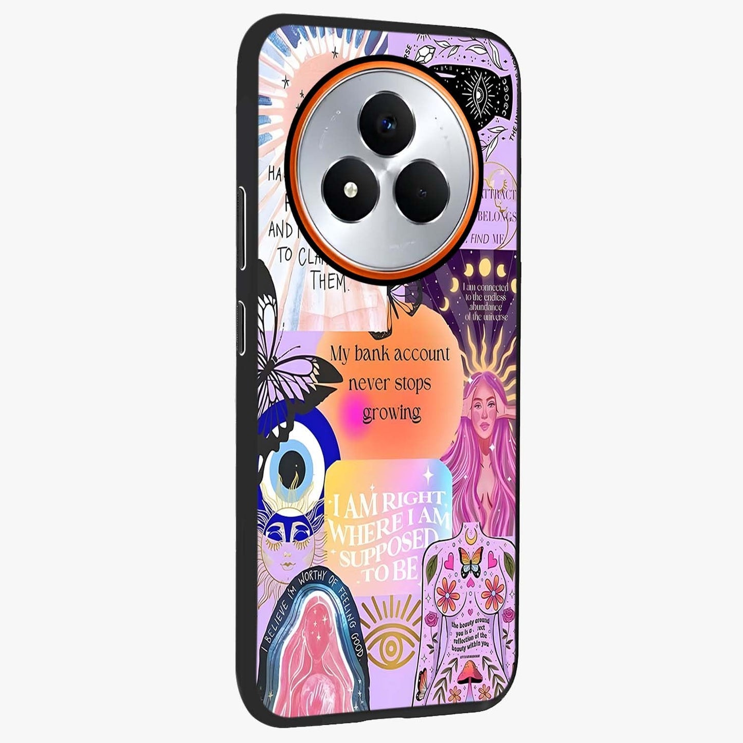 Manifestation Collage Glass Case upright view showcasing artistic manifestation themed artwork with creative style.