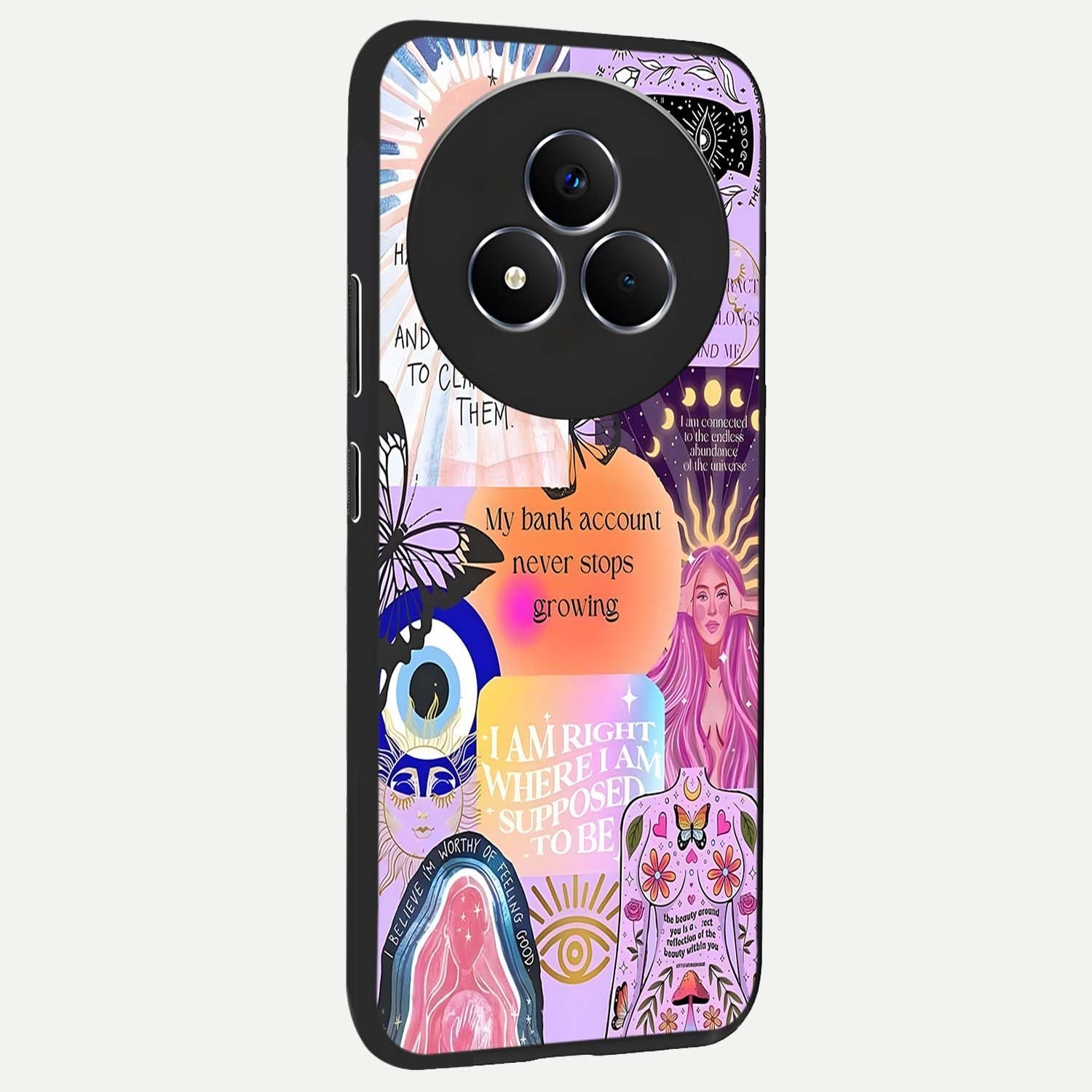Manifestation Collage Glass Case upright view showcasing artistic manifestation themed artwork with creative style.