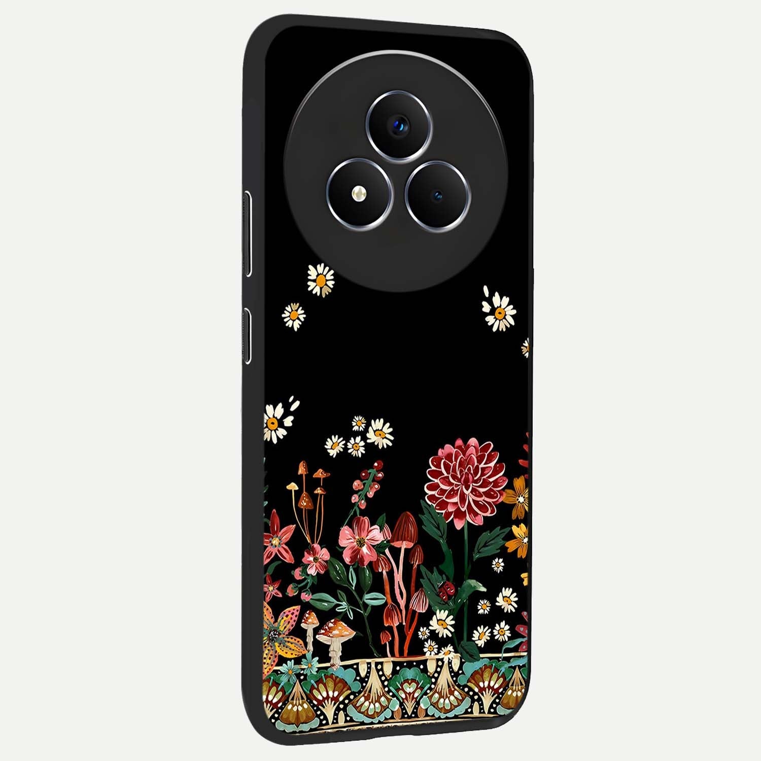 Midnight Bloom Pattern Glass Case upright view showcasing decorative floral artwork with deep night themed palette.