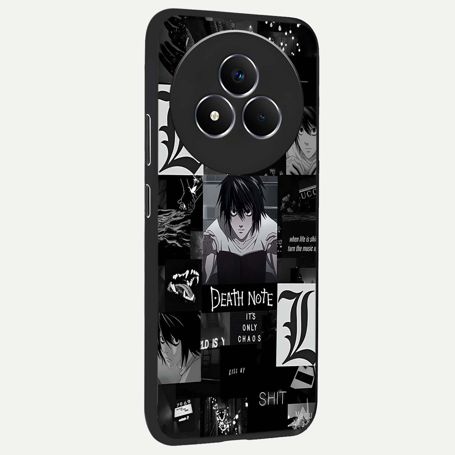 Midnight Chaos Mind Glass Case upright view showcasing expressive abstract artwork with bold dark theme.