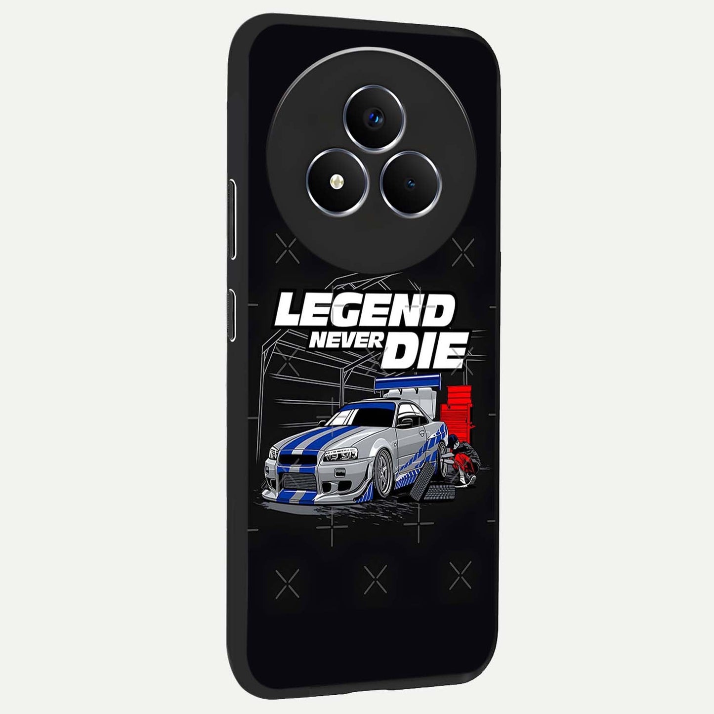 Midnight Racing Legacy Glass Case upright view showcasing powerful racing artwork with modern sports theme.