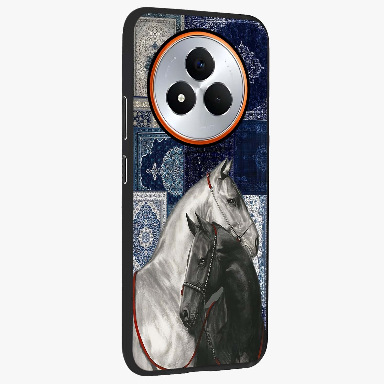 Midnight Stallion Blues Glass Case upright view showcasing dramatic horse artwork with bold artistic theme.