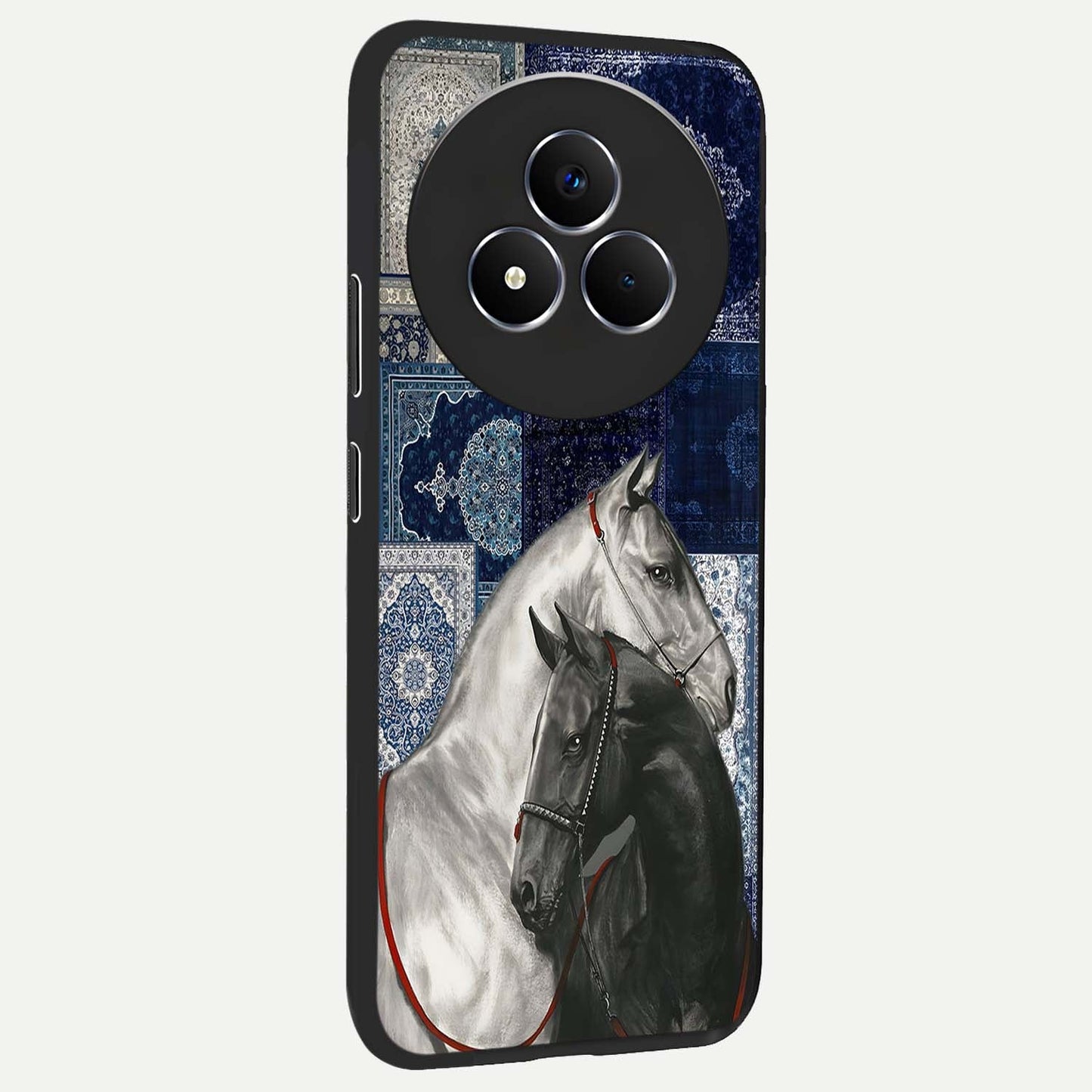 Midnight Stallion Blues Glass Case upright view showcasing dramatic horse artwork with bold artistic theme.