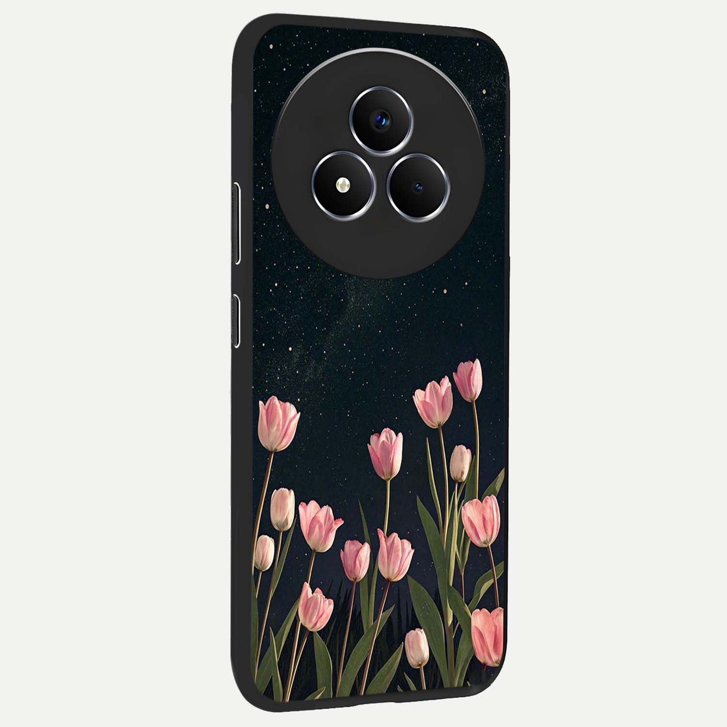 Midnight Tulip Whispers Vibe Glass Case upright view showcasing graceful tulip artwork with calm botanical theme.