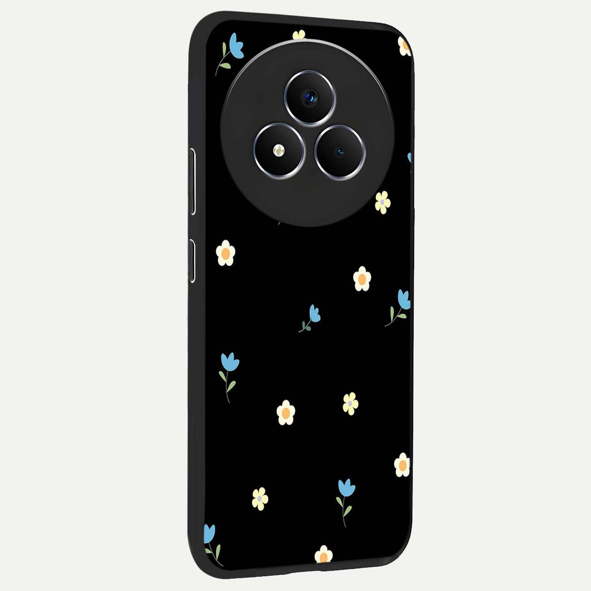 Minimal Petal Whispers Glass Case upright view showcasing elegant floral artwork with modern minimalist style.