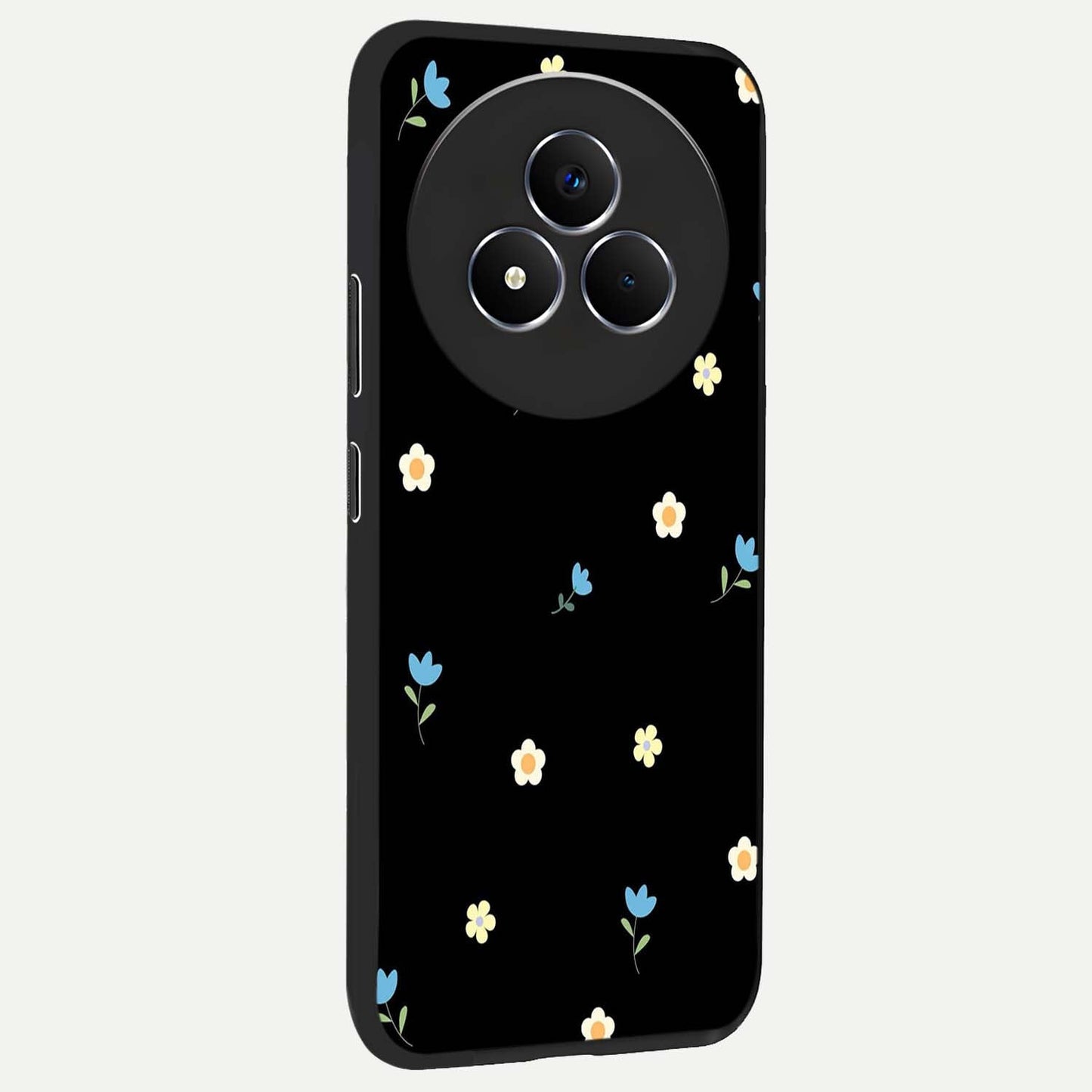 Minimal Petal Whispers Glass Case upright view showcasing elegant floral artwork with modern minimalist style.