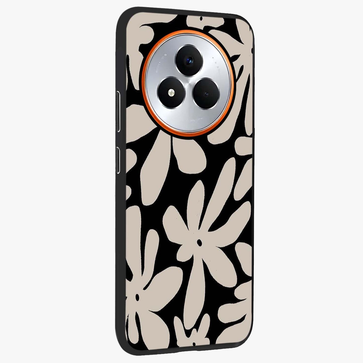 Monochrome Petal Dance Glass Case upright view showcasing artistic floral pattern with stylish monochrome theme.