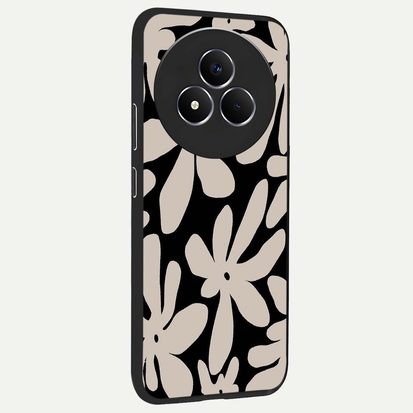 Monochrome Petal Dance Glass Case upright view showcasing artistic floral pattern with stylish monochrome theme.