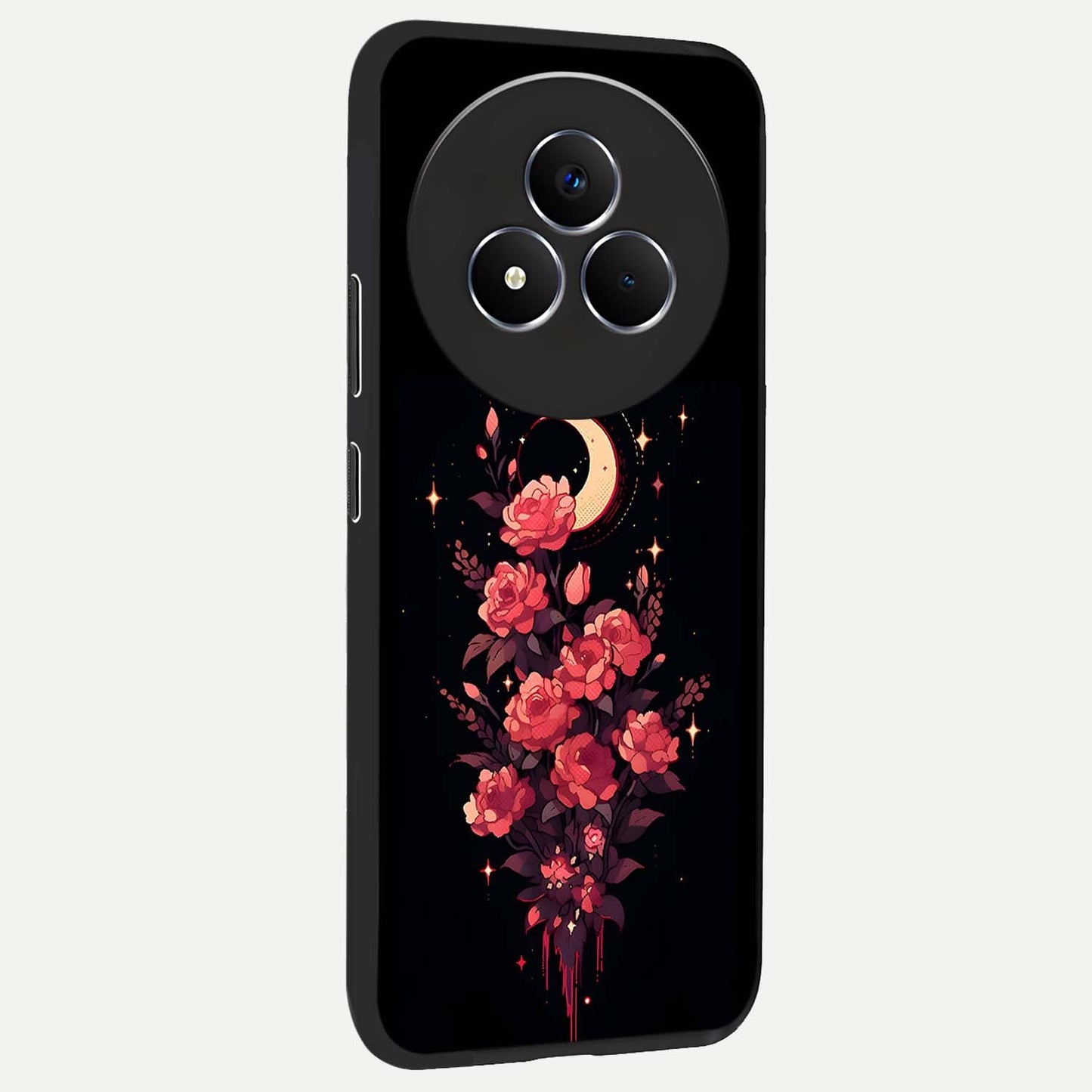 Moonlit Floral Elegance Glass Case upright view showcasing delicate floral artwork with refined night inspired theme.