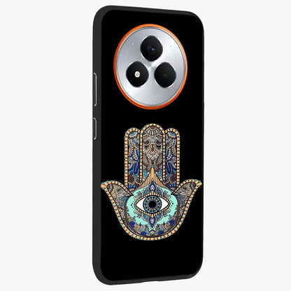Mystic Hamsa Eye Glass Case upright view showcasing detailed hamsa eye artwork with protective spiritual theme.