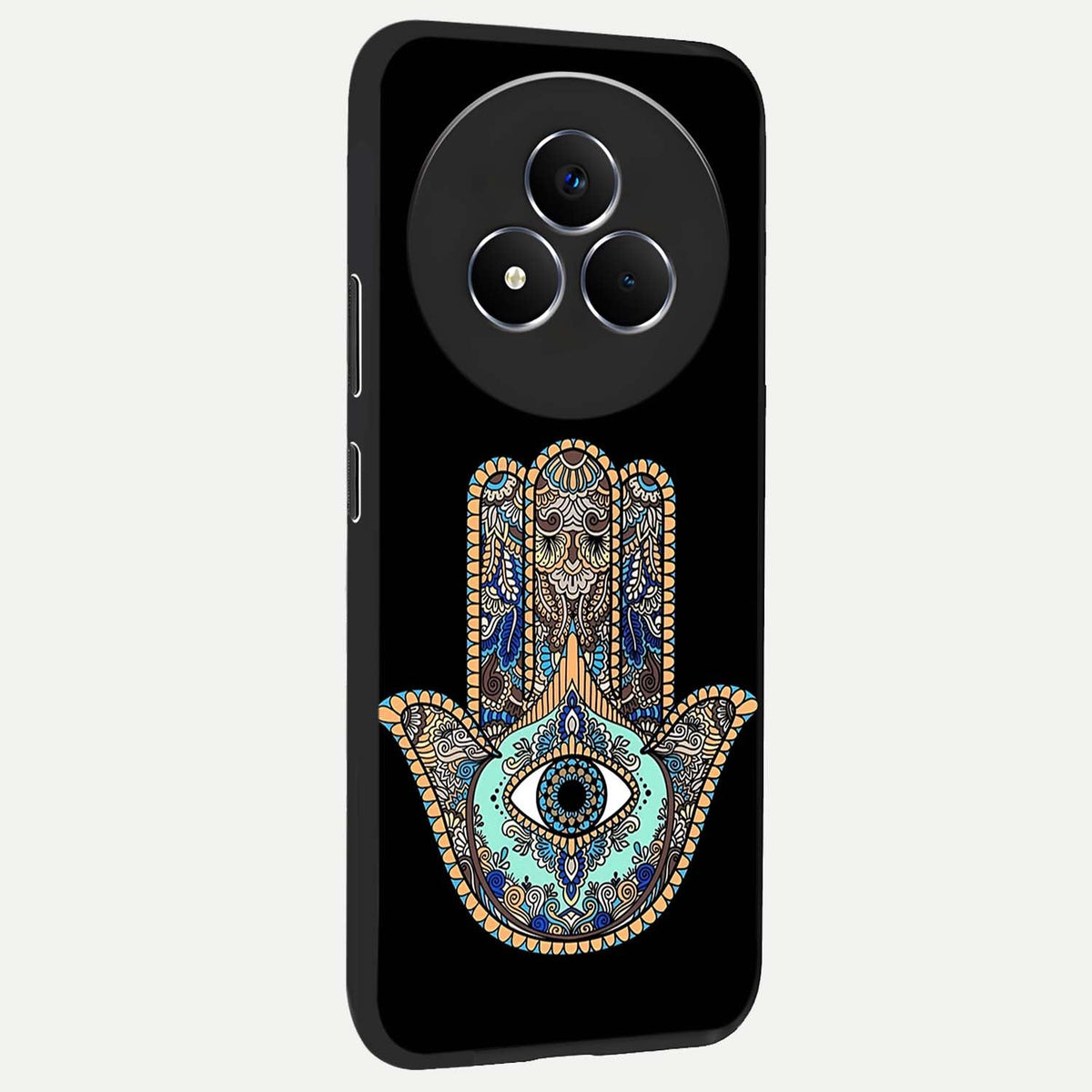 Mystic Hamsa Eye Glass Case upright view showcasing detailed hamsa eye artwork with protective spiritual theme.