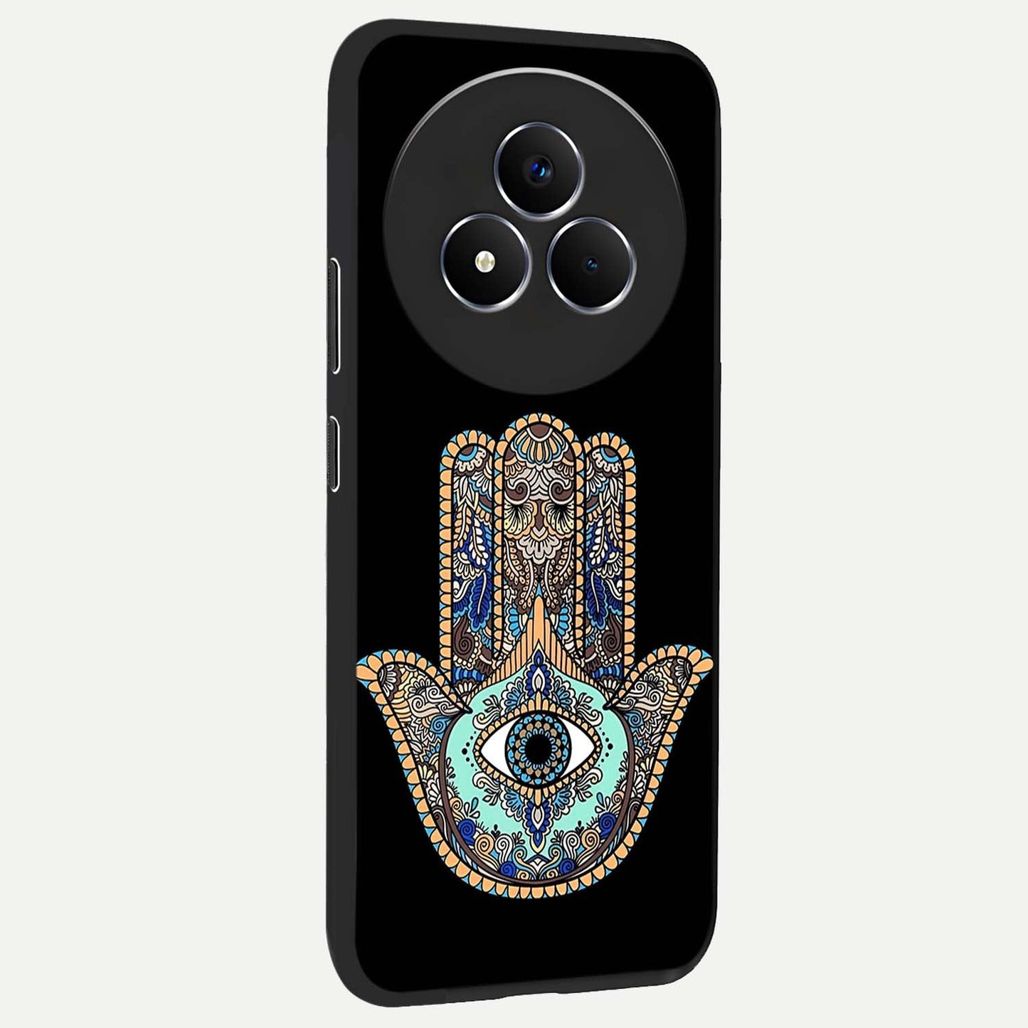 Mystic Hamsa Eye Glass Case upright view showcasing detailed hamsa eye artwork with protective spiritual theme.