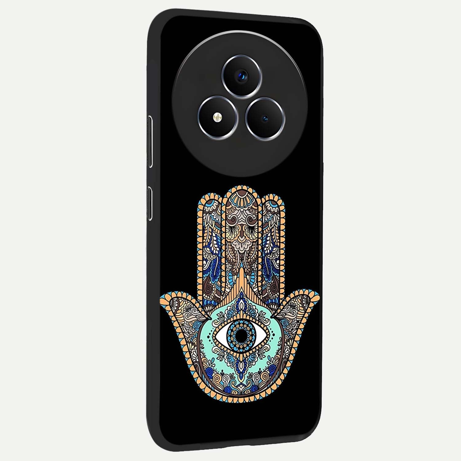 Mystic Hamsa Eye Glass Case upright view showcasing detailed hamsa eye artwork with protective spiritual theme.