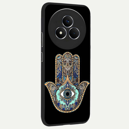Mystic Hamsa Eye Glass Case upright view showcasing detailed hamsa eye artwork with protective spiritual theme.