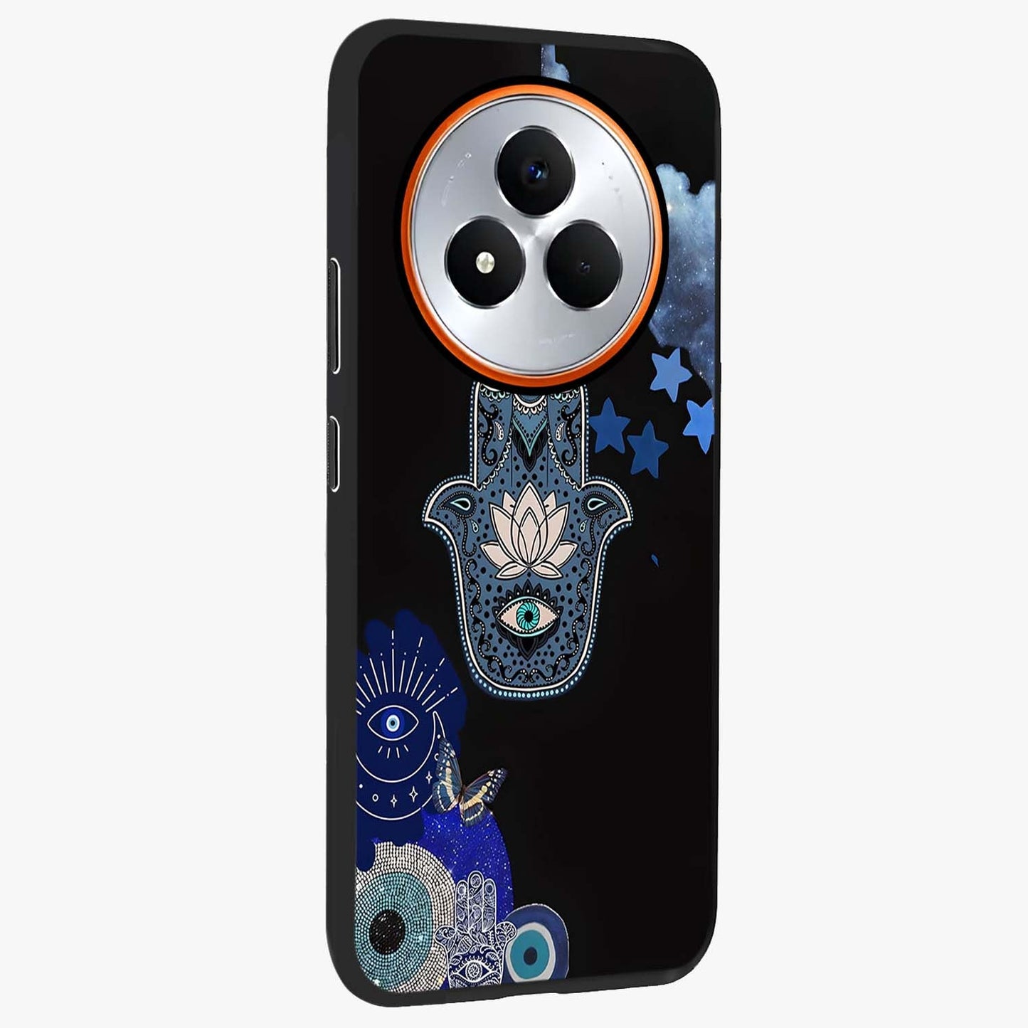 Mystic Hand Aura Glass Case upright view showcasing symbolic hand artwork with mystical energy theme.