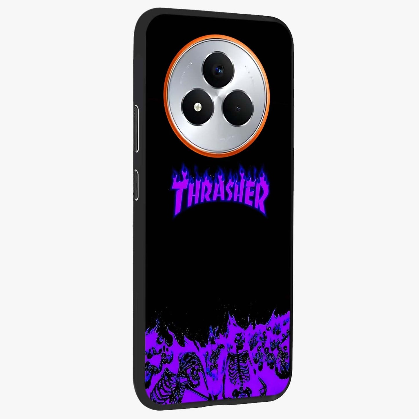 Neon Flame Riot Glass Case upright view showcasing dynamic flame artwork with energetic neon theme.
