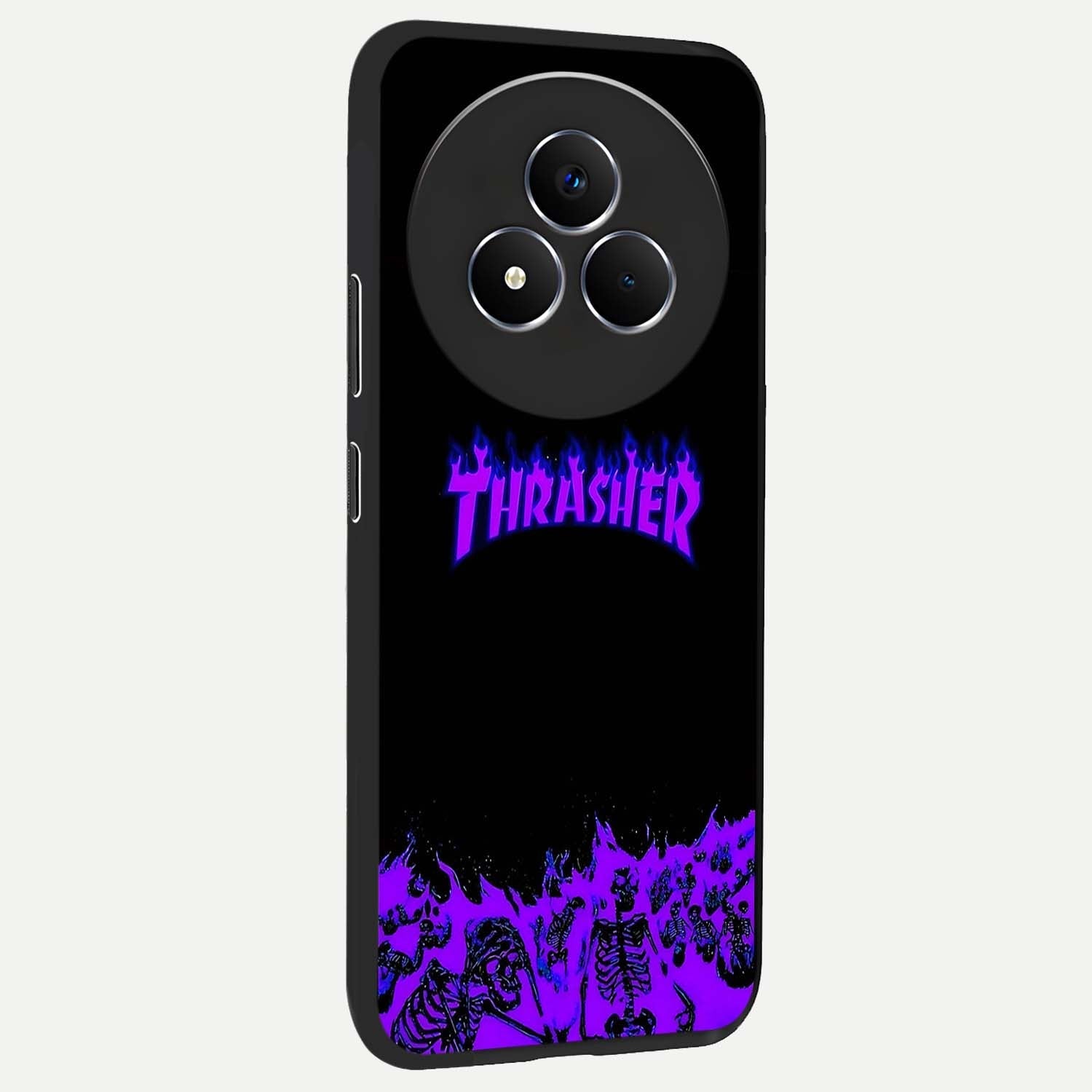Neon Flame Riot Glass Case upright view showcasing dynamic flame artwork with energetic neon theme.