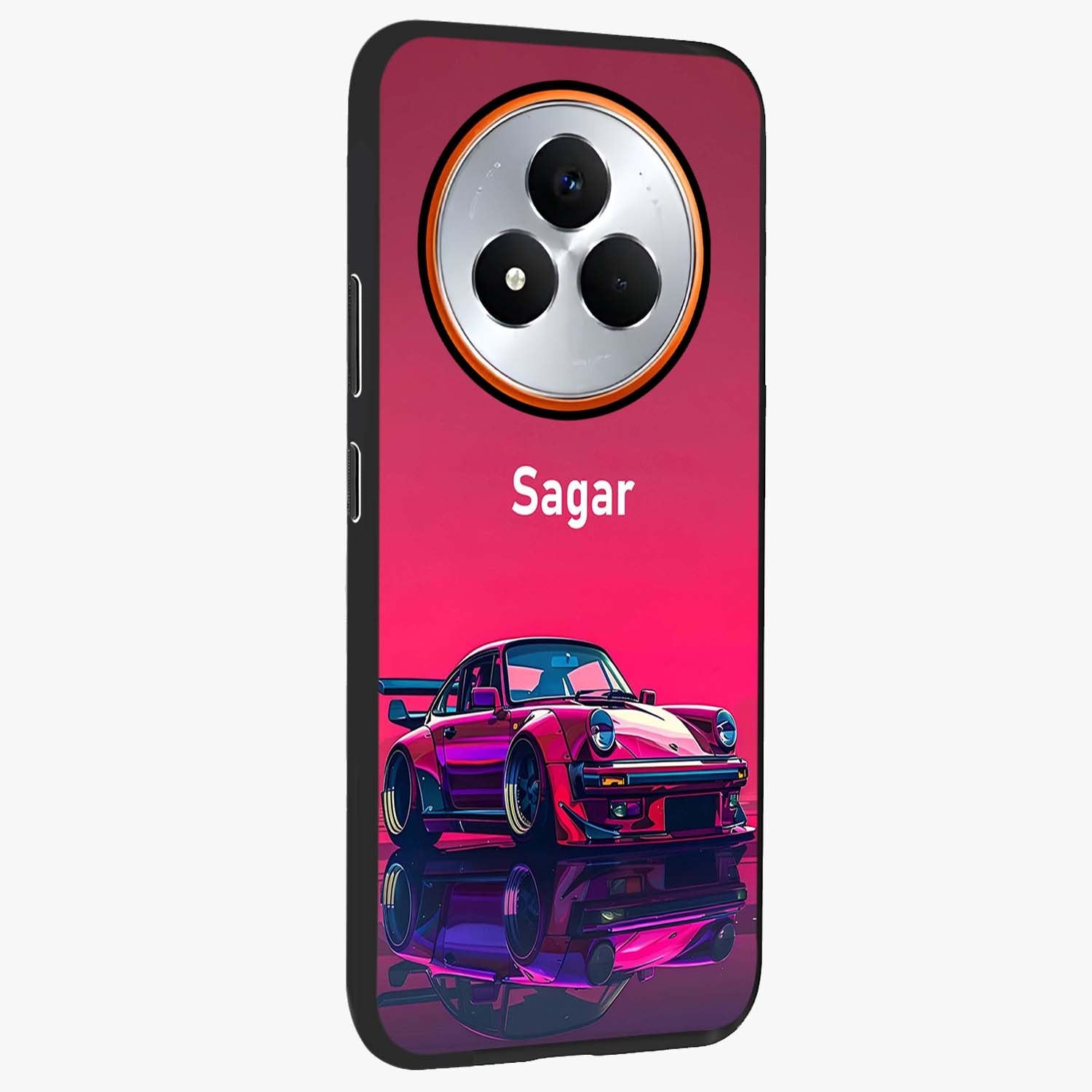 Neon Pink Porsche Glass Case upright view showcasing vibrant sports car artwork with bold automotive theme.