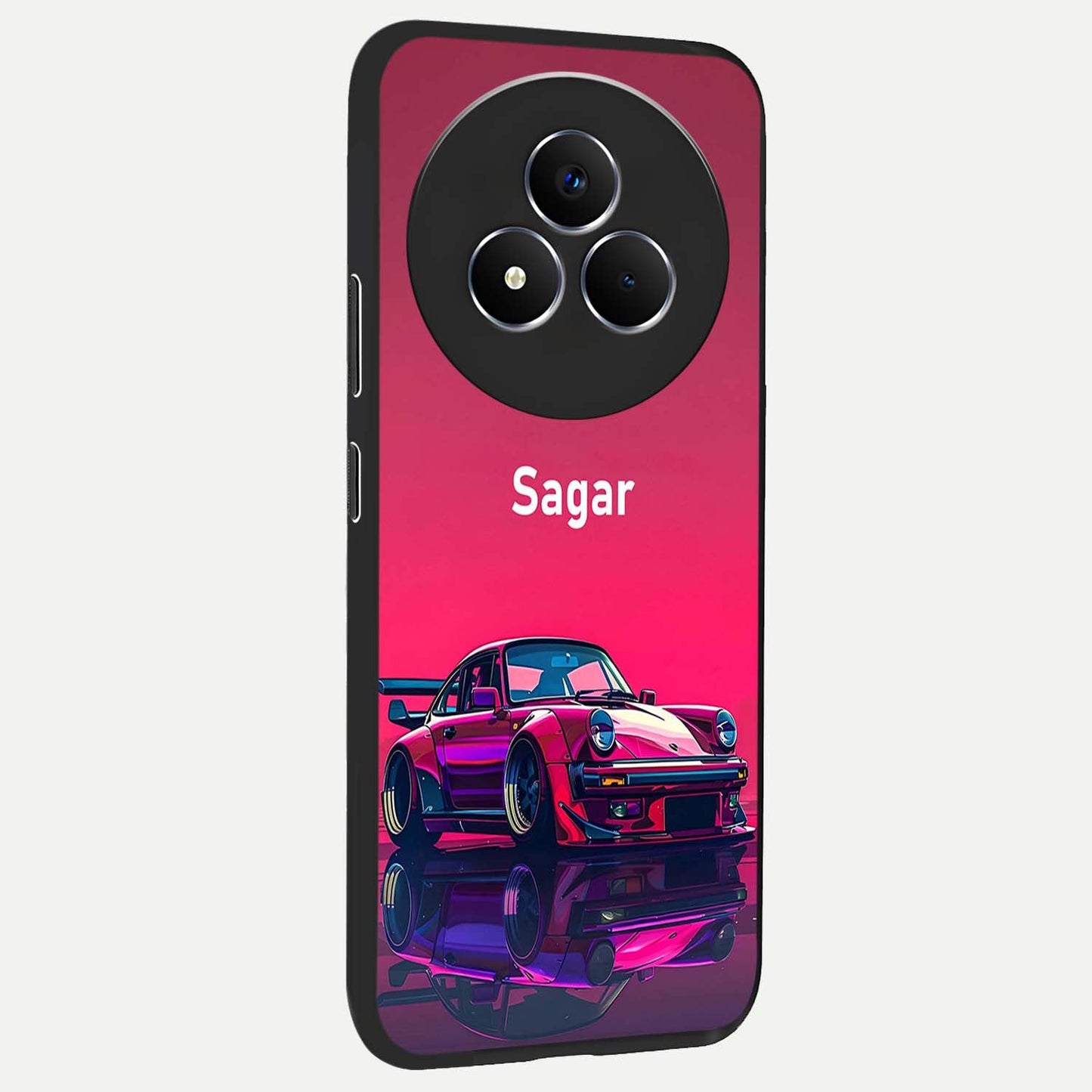 Neon Pink Porsche Glass Case upright view showcasing vibrant sports car artwork with bold automotive theme.