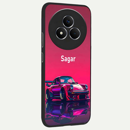 Neon Pink Porsche Glass Case upright view showcasing vibrant sports car artwork with bold automotive theme.