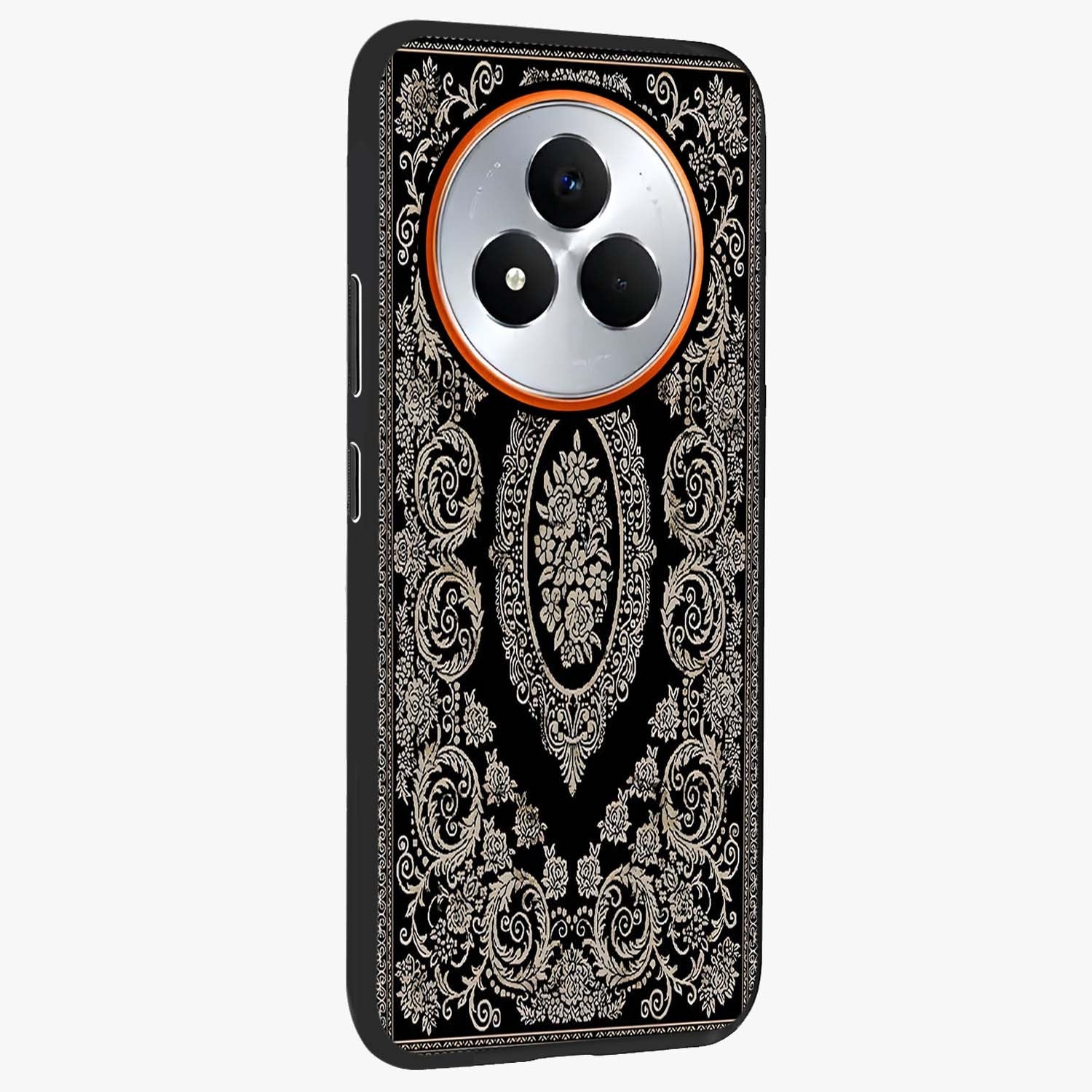 Noir Bloom Elegance Glass Case upright view showcasing graceful floral artwork with luxurious dark theme.