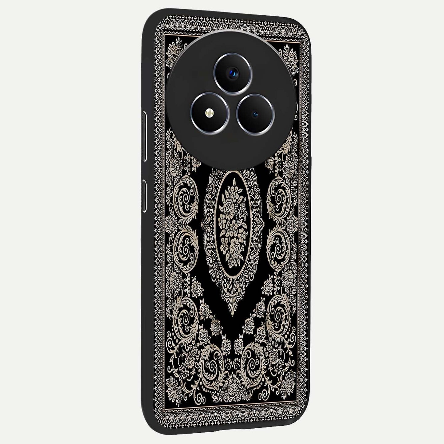 Noir Bloom Elegance Glass Case upright view showcasing graceful floral artwork with luxurious dark theme.