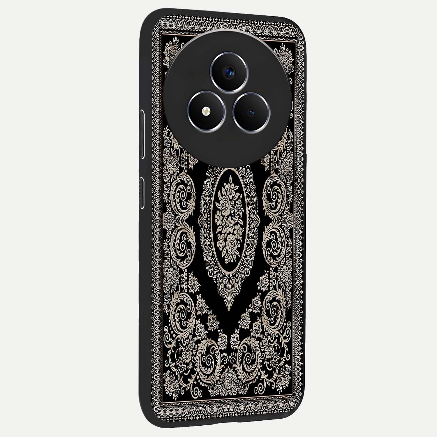 Noir Bloom Elegance Glass Case upright view showcasing graceful floral artwork with luxurious dark theme.