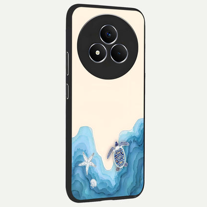 Ocean Drift Turtle Glass Case upright view showcasing calm underwater turtle artwork with nature inspired theme.