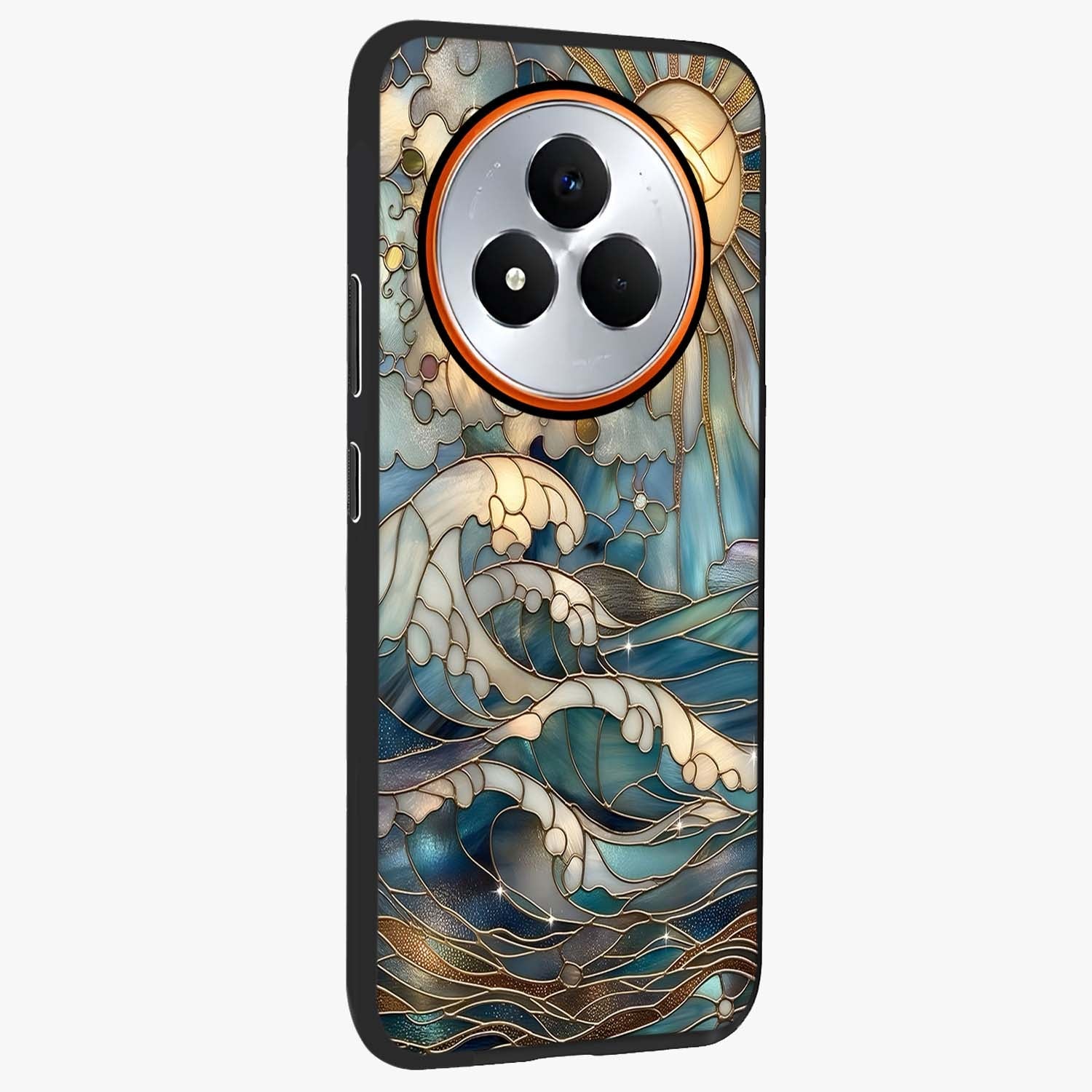 Oceanic Stained Printed Glass Case upright view showcasing decorative ocean pattern artwork with vibrant marine theme.