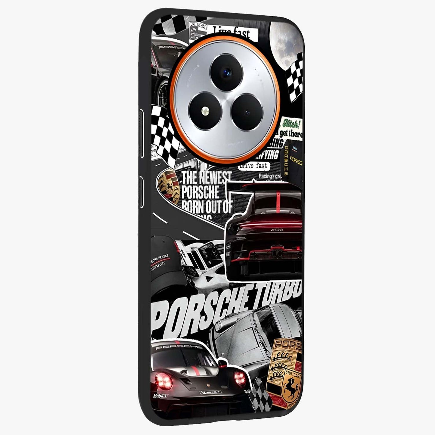 Porsche Racing Collage Glass Case upright view showcasing energetic car collage artwork with high speed racing theme.