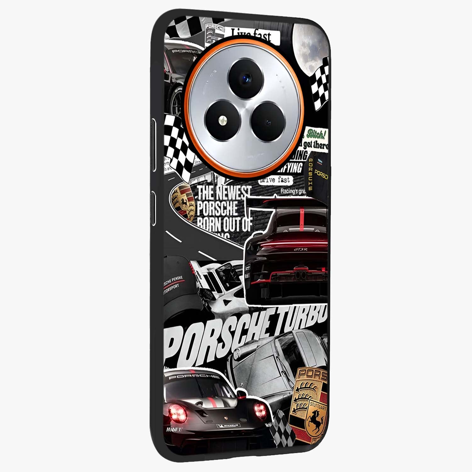 Porsche Racing Collage Glass Case upright view showcasing energetic car collage artwork with high speed racing theme.