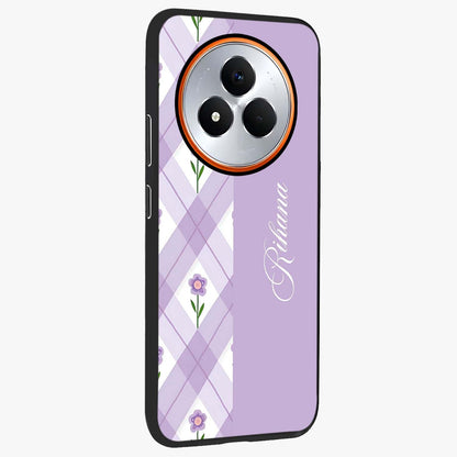 Purple Diamond Floral Glass Case upright view showcasing vibrant floral artwork with stylish geometric theme.