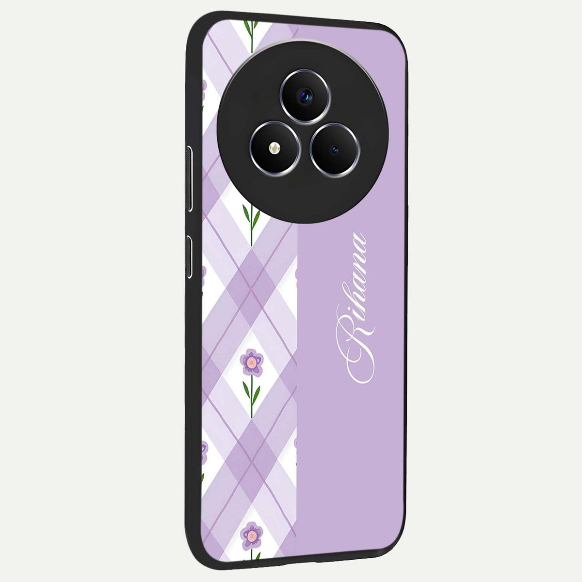 Purple Diamond Floral Glass Case upright view showcasing vibrant floral artwork with stylish geometric theme.