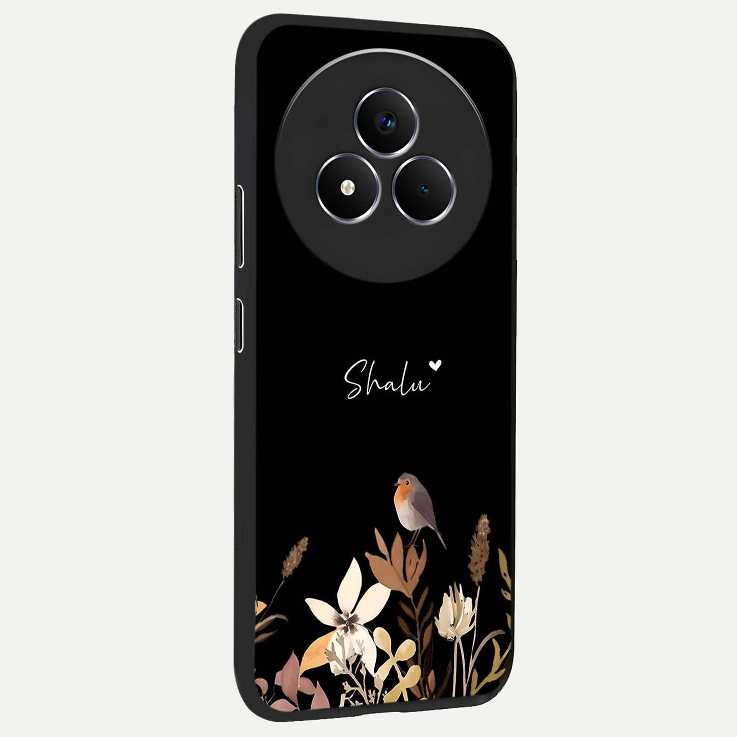 Quiet Garden Tune Custom Name Glass Case upright view showcasing serene botanical artwork with personalized aesthetic.