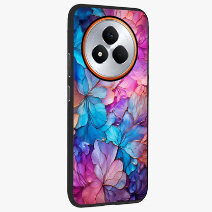 Radiant Floral Whirl Glass Case upright view showcasing lively floral artwork with decorative swirl theme.