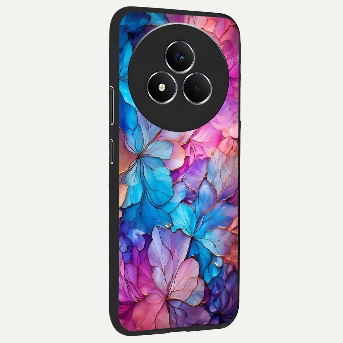 Radiant Floral Whirl Glass Case upright view showcasing lively floral artwork with decorative swirl theme.
