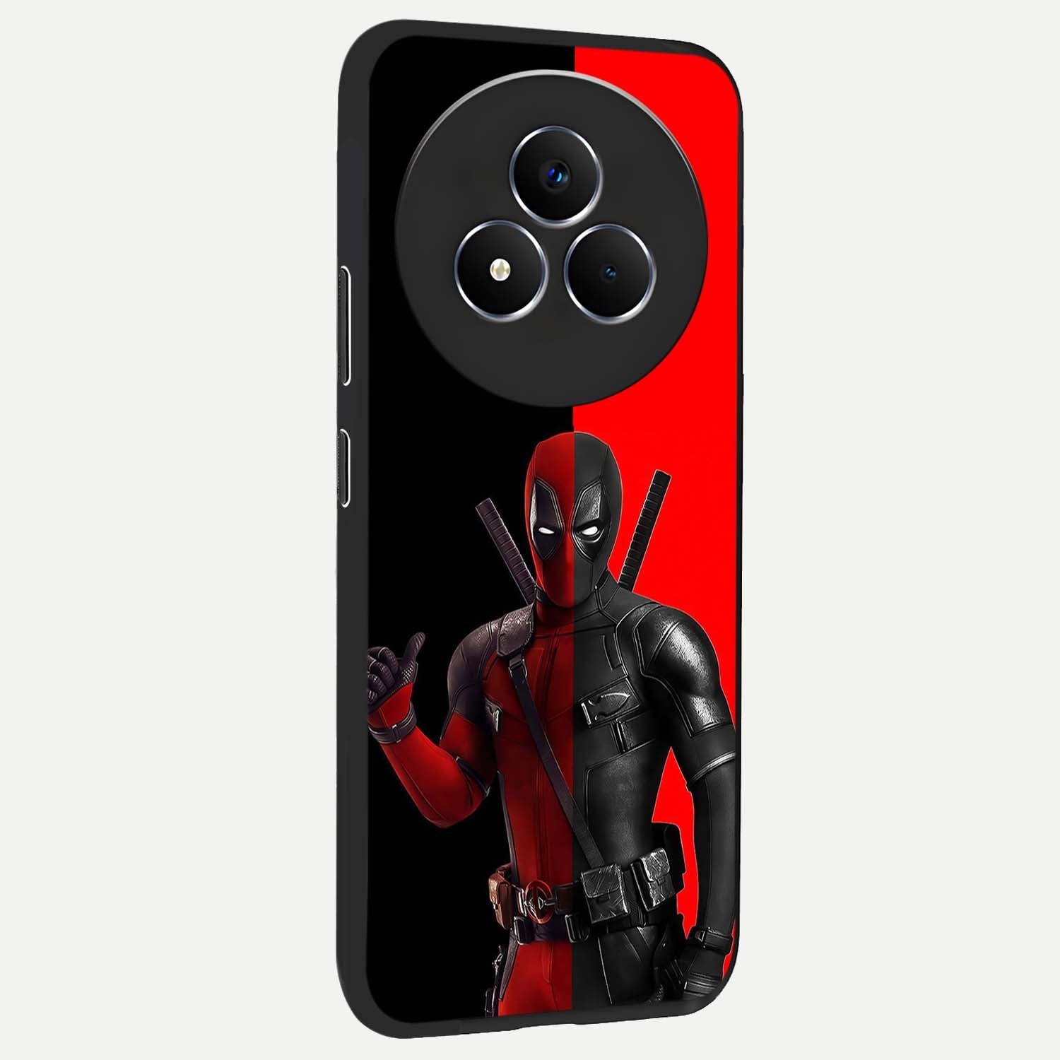 Red & Black Deadpool Theme Glass Case upright view showcasing energetic comic themed artwork with striking red and black design.