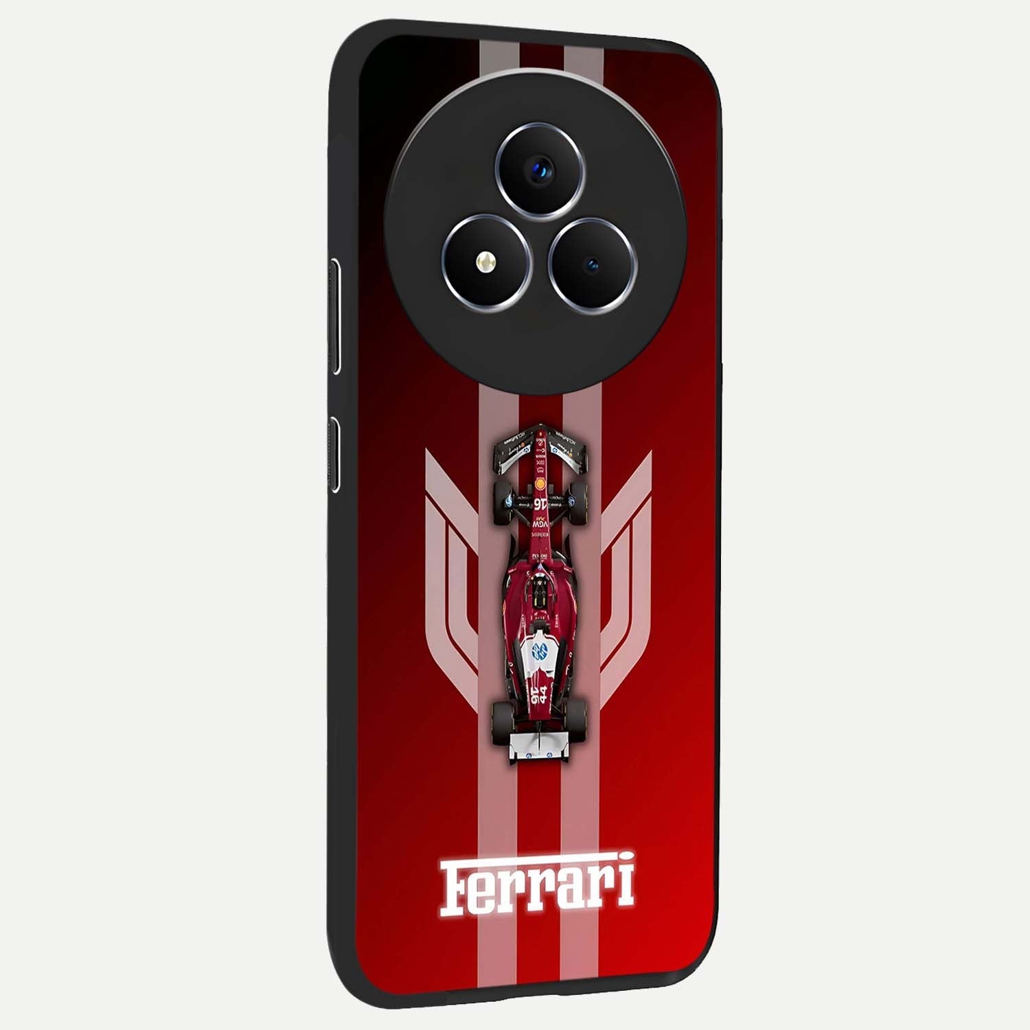 Red Ferrari F1 Vertical Glass Case upright view showcasing powerful Formula car artwork with dynamic motorsport theme.