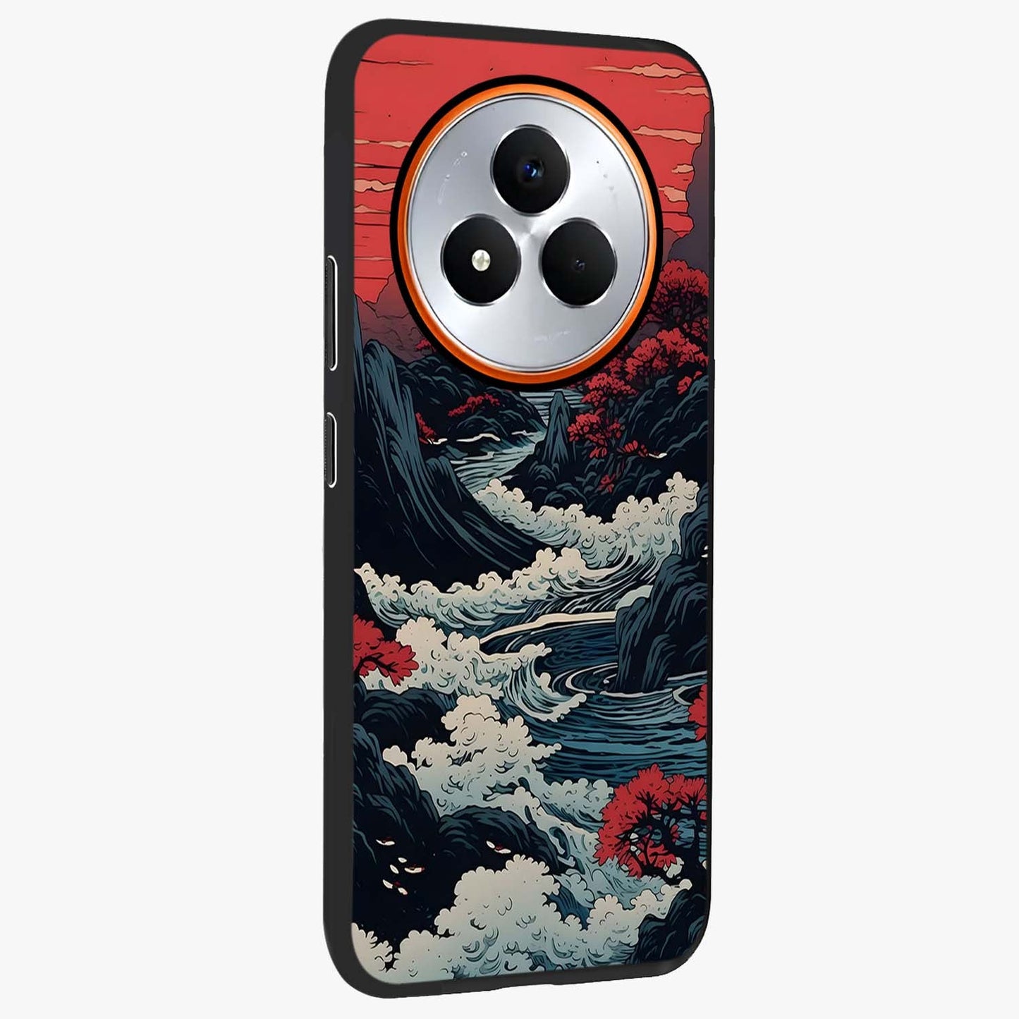 Red Sunset Scenery Glass Case upright view showcasing dramatic sunset scenery artwork with warm nature theme.