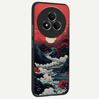 Red Sunset Scenery Glass Case upright view showcasing dramatic sunset scenery artwork with warm nature theme.