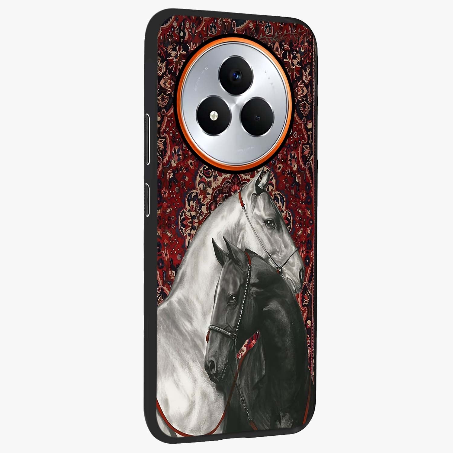 Regal Stallion Tapestry Glass Case upright view showcasing powerful horse artwork with elegant tapestry theme.