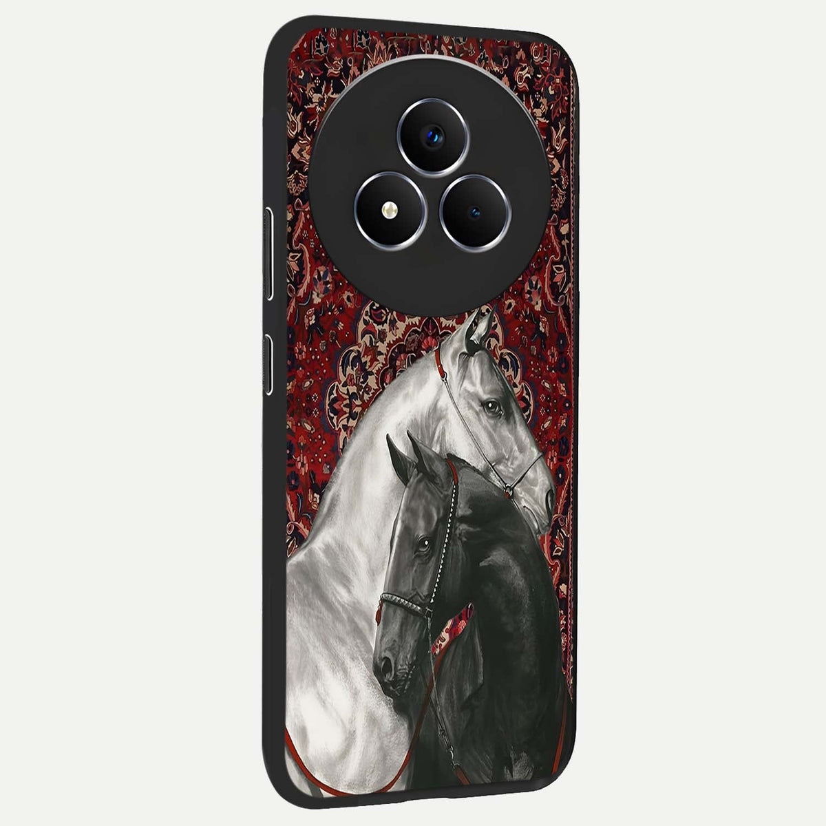 Regal Stallion Tapestry Glass Case upright view showcasing powerful horse artwork with elegant tapestry theme.
