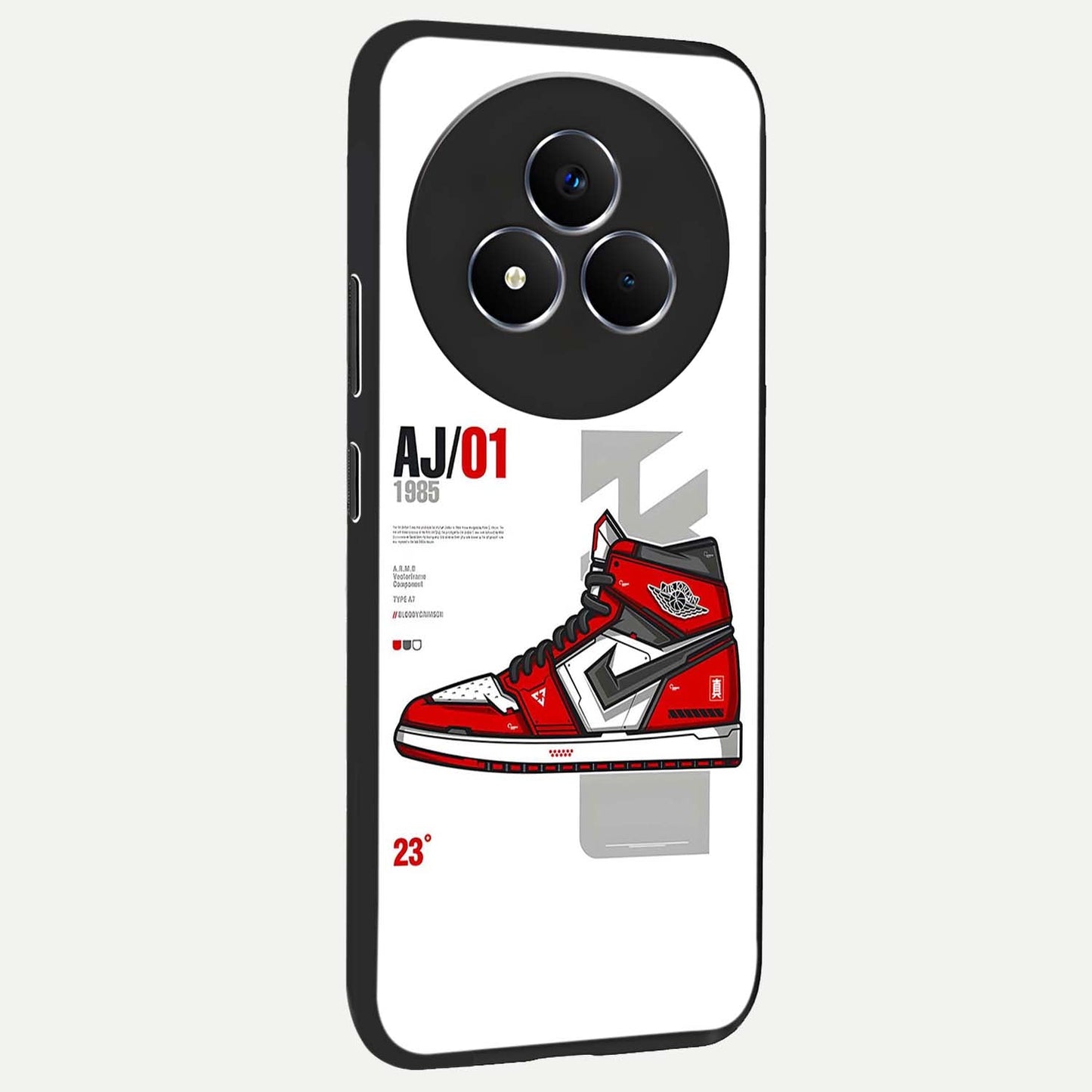 Retro Sneaker Blueprint Glass Case upright view showcasing stylish sneaker illustration with vintage streetwear theme.