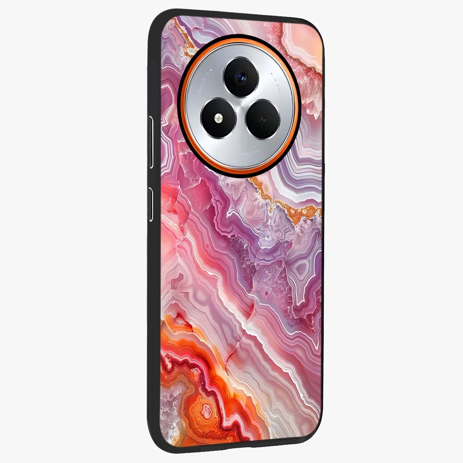 Rose Quartz Marble Glass Case upright view showcasing decorative marble artwork with luxurious pastel theme.
